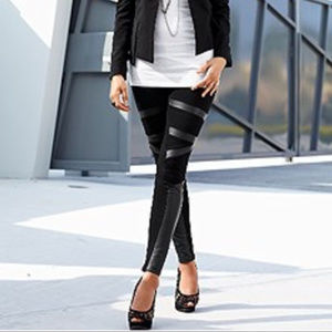 Black Leggins with Faux Leather Insets - Sz 12